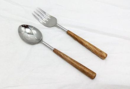 2 Pcs Stainless Steel Wooden Handle Salad Server Set