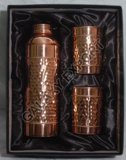 Brown Round Hammered Copper Bottle & Glass Set, Size : Standard