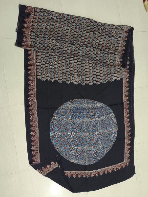 Hand Block Printed Silk Saree, Color : Black Blue