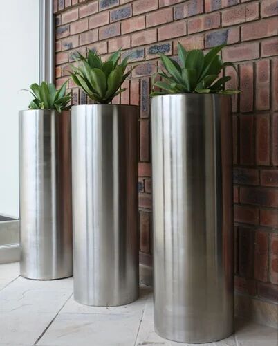 Silver Cylindrical Stainless Steel Planter