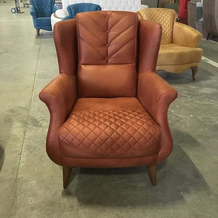 Brown Leather Polished Wing Chair, for Living Room