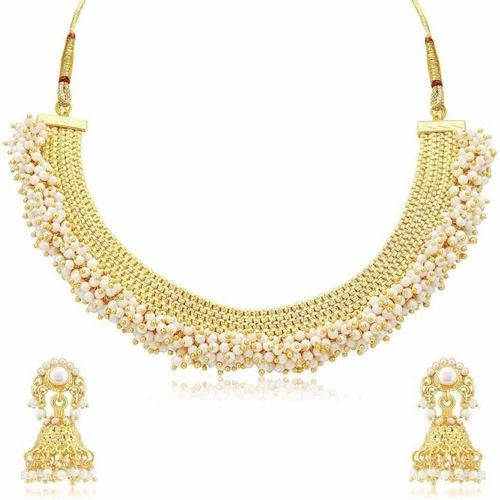 Manath Polished Golden Pearl Necklace Set, Style : Antique