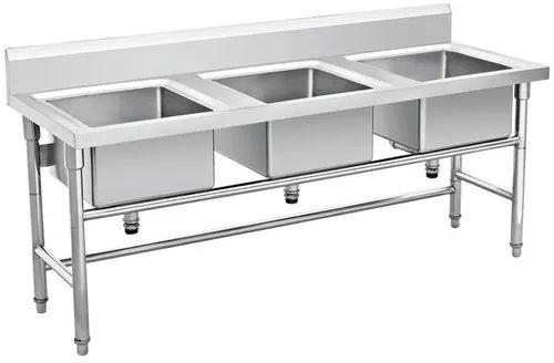 Silver Commercial Stainless Steel Three Sink Unit, Size : 2 X 6 Feet