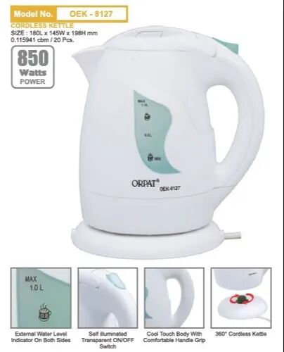 Stainless Steel Orpat Cordless Kettle, Color : White