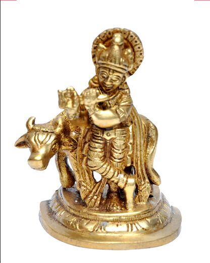 Golden Brass Lord Krishna with Cow, for Home, Temple, Packaging Type : Thermocol Box