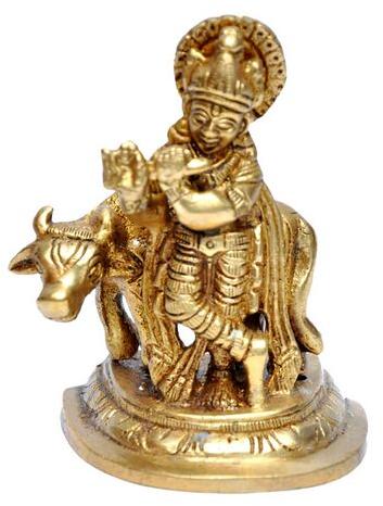 12 Inch Brass Krishna With Cow Statue