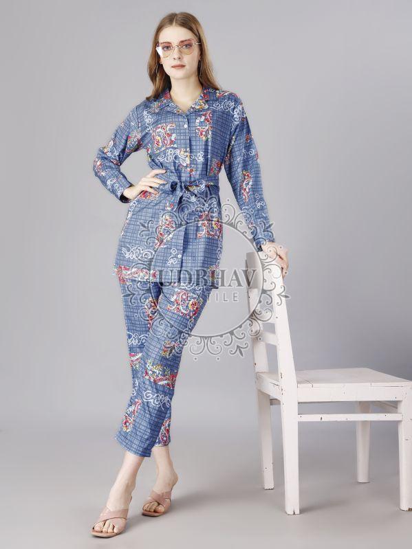 Blue Ladies Printed Cotton Blend Co-ord Set, Occasion : Smart Casual, For Office