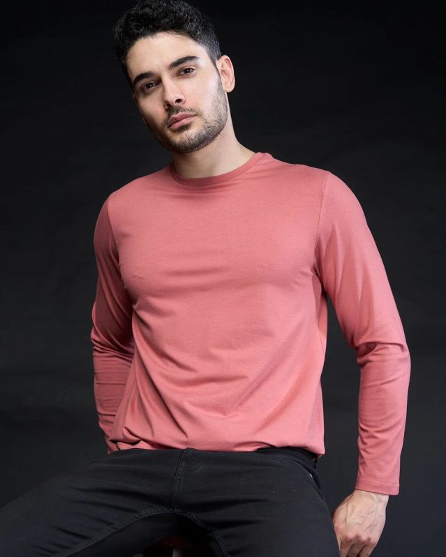 Pink Regular Plain Pure Cotton Mens Long Sleeve T-Shirts, Packaging Type : Poly Bags
