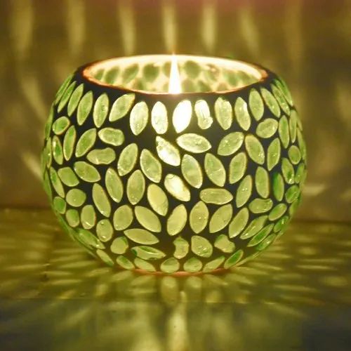 Light Green Glass Mosaic Round Votive Candle Holder, for Home Decoration