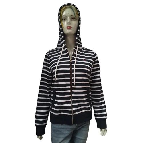 Full Sleeve Cotton Hooded Ladies Stripe Hoodies, for Winter Wear, Size : Large