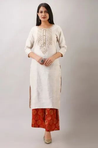 3/4th Sleeve Straight gaurangi silk kurti, Color : off white