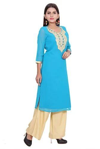 Sky Blue Georgette Kurti, Size : M, X, XL