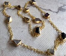 Gold Polish Rough Stone Long Chain Endless Necklace With Thin Chain