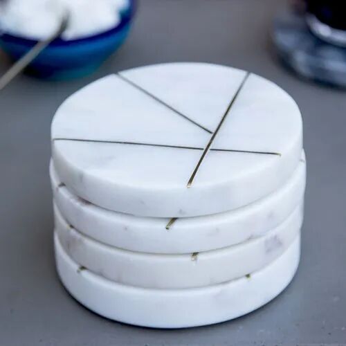 Transparent Overseas Printed Marble Inlay Coaster, Shape : Round