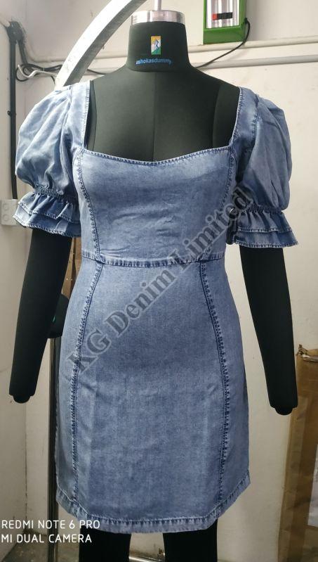 Puff Sleeve Bodycon Denim Dress, Size : XL