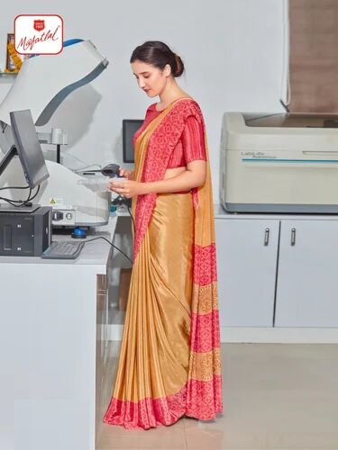 Printed with border Butter Crape Uniform Sarees, Occasion : Formal Wear