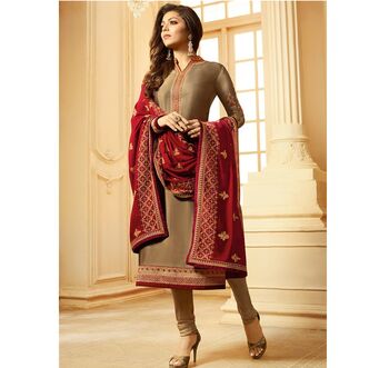 Drashti Dhami Brown Satin Churidar Suit, Supply Type : In-Stock Items