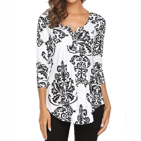 Women&rsquo;s Paisley Printed Long Sleeve Henley V Neck Pleated Casual Flare Tunic Blouse Shirt