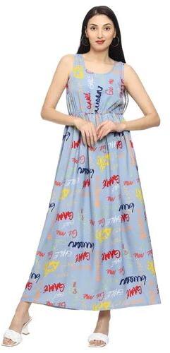 Poly Crepe Printed Ladies Sleeveless Maxi Dress, Occasion : Party Wear