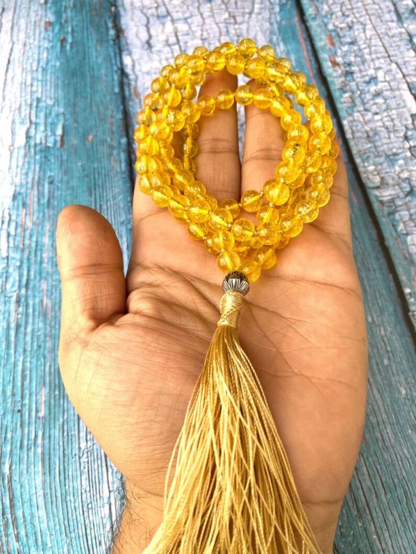 Yellow Round Natural Glossy Citrine Stone Beads Mala