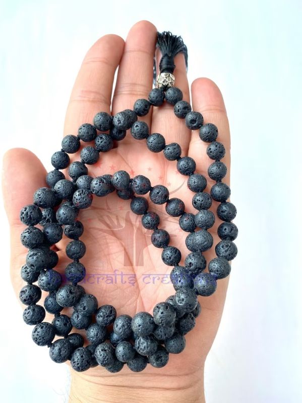 Black Non Polished Lava Stone Beads Mala