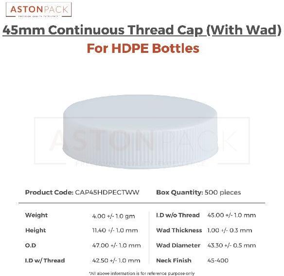 45mm Continuous Thread (CT) Cap w/ Wads (For HDPE Bottles)