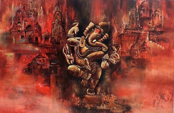 Dancing Ganesha Abstract Painting, for Wall Decoration, Home Decoration, Pooja Room Decoration, Lobby Areas Office Decoration