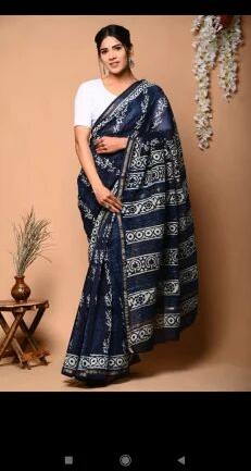 Hand Block Printed silk saree, Saree Length : 6.5 with blouse piece