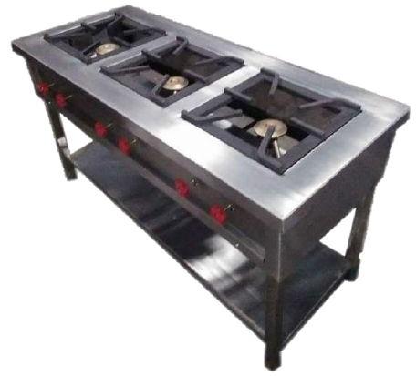 Three Burner Indian Cooking Range, for Commercial Kitchen, Color : Silver