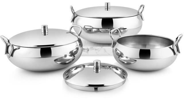 Silver Round Glossy Stainless Steel Handi, for Cooking Use, Size : (12x8.5, 15x9.25, 18x10)cm