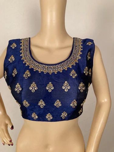 Ladies Navy Blue Silk Embroidered Blouse