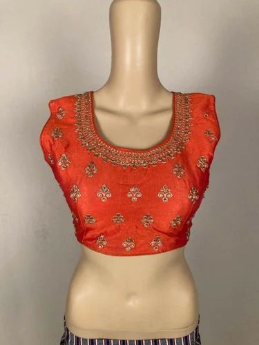 Ladies Orange Silk Embroidered Blouse, Size : 36 Inch