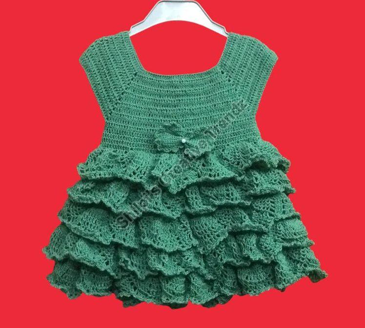 Sleeveless Crochet Girl Party Wear Frock, Color : Green