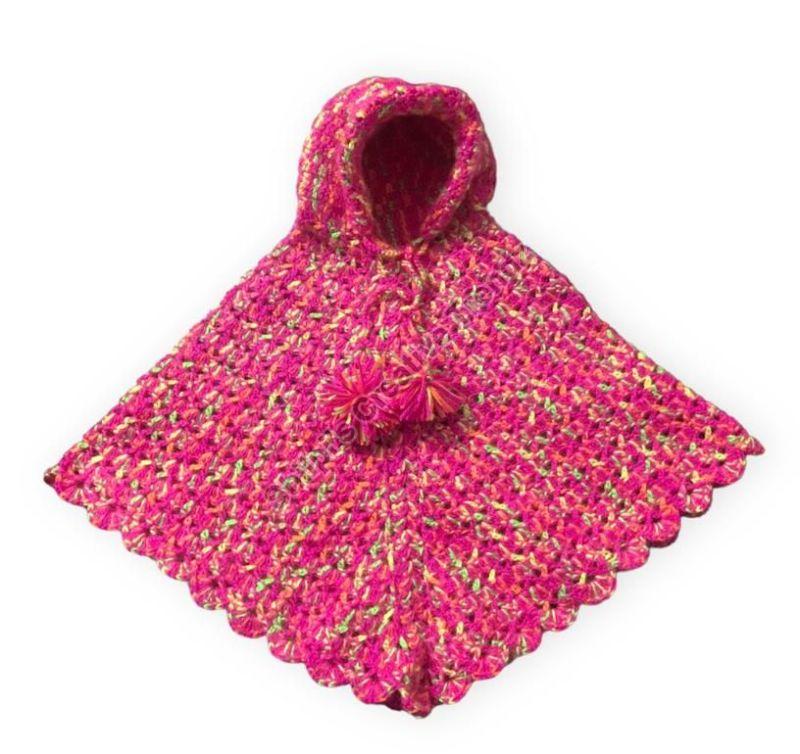 Pink Wool Crochet Poncho with Hood, Age Group : 3-4 Years