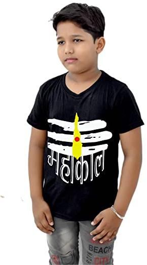 Multicolor Cotton Khadi Mahakaal Print Kids T-shirts, Sleeve Style : Half Sleeve