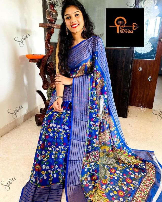 Printed chiffon saree, Color : Royal blue