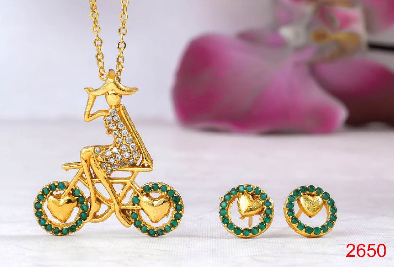 Gold AD green stone  cycle pendant set