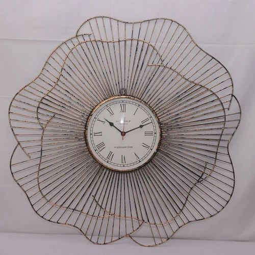 Gold Metal Floral Wall Clock, for Home, Office, Decoration, Display Type : Analog