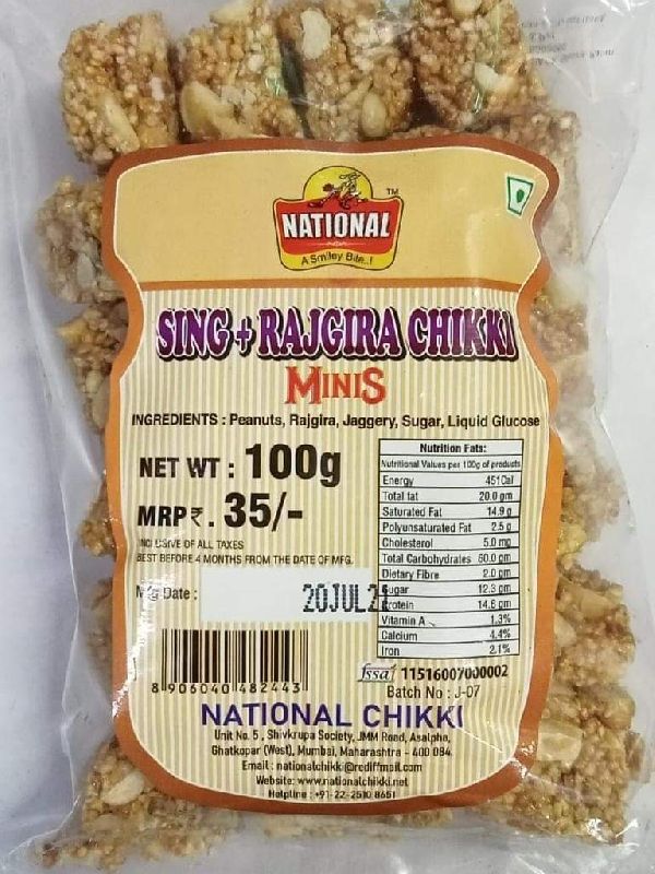 Sing and Rajgira Chikki Minis, for Human Consumption, Packaging Type : Plastic Packet