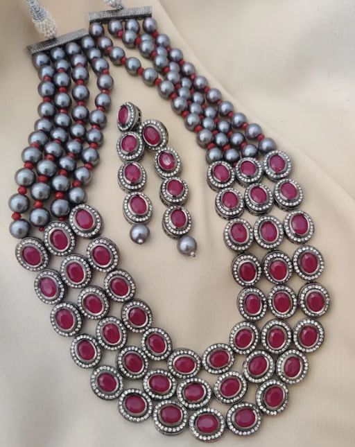 Red Silver Plated Necklace Set, Feature : Fine Finishing, Unique Designs