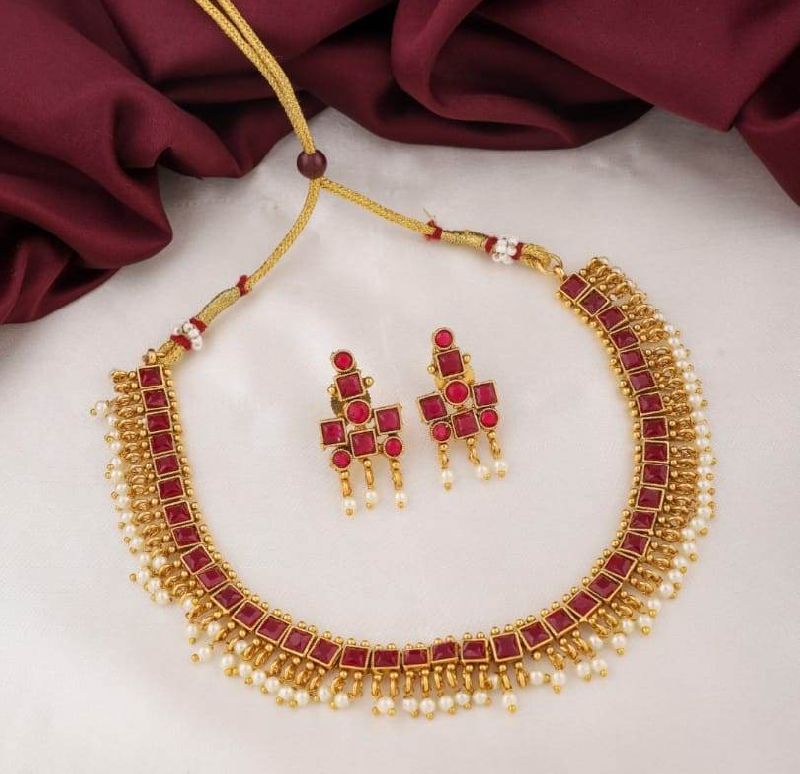 Gold plated red ruby pearl decor jewellery set