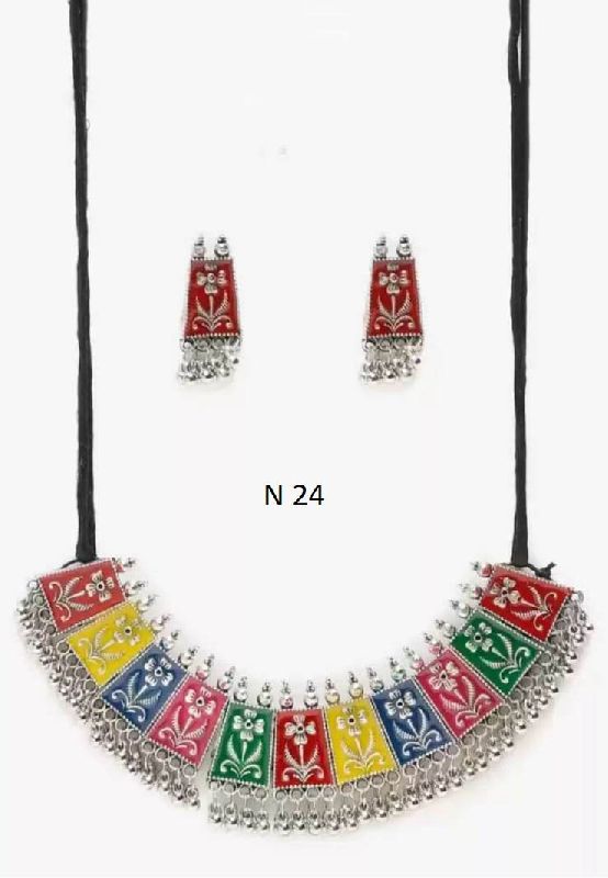 Regaliaz Polished Silver Oxidised meena neck set, Occasion : Part Wear