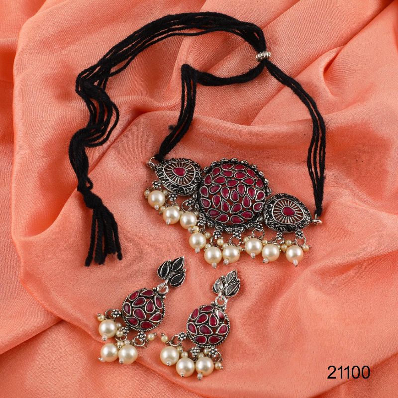 Oxidised with red stone choker set, Occasion : Party Wear