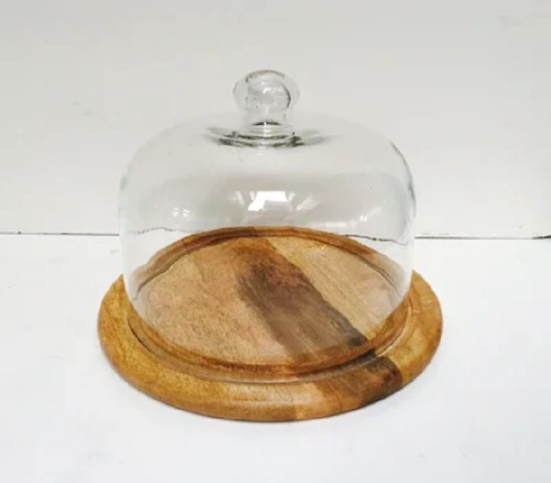 glass cake cover with wooden base