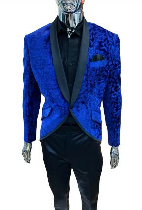 Floral Blue Velvet Designer Tuxedo Suit, Size : M, XL, XXL