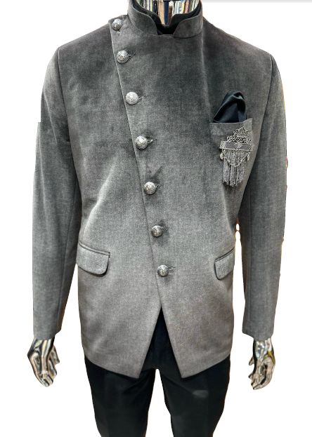 Stitched Plain Grey Velvet Jodhpuri Suit, Size : XXXL, XXL, XL, M