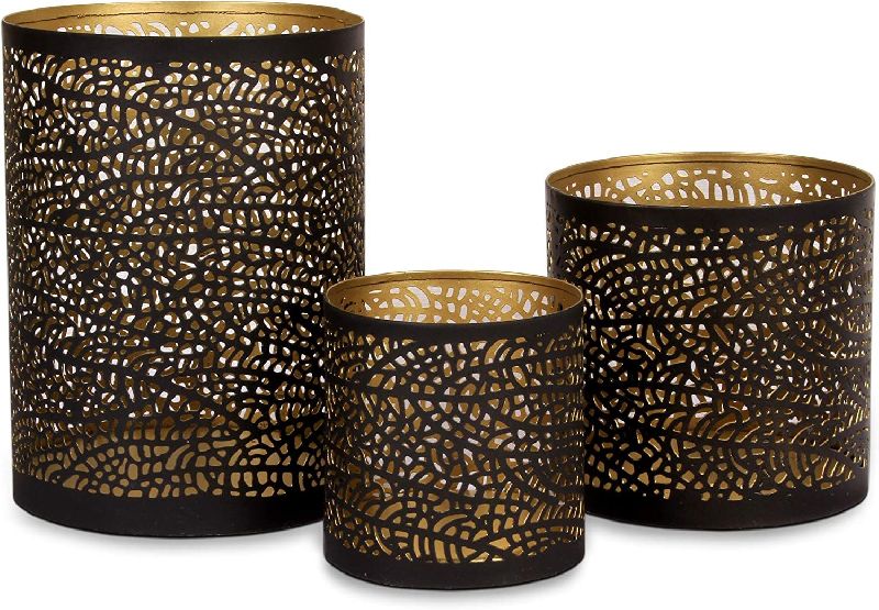 Set of 3 Black and Gold Metal Hurricane Candle Holder, Packaging Type ...