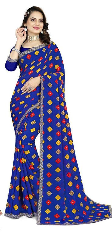 Blue Printed Georgette Ladies Saree, Width : 7 Meter