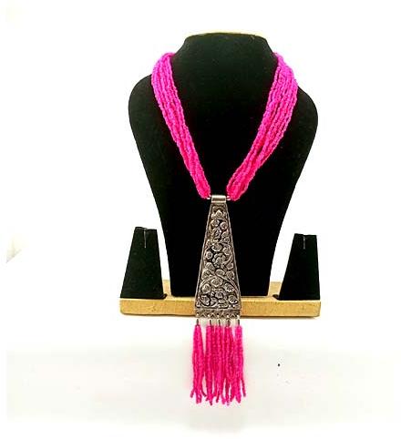 Pink oxidized pendant beads mala, Length : 15 inches