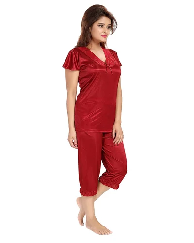 Maroon Urika Half Sleeve V Neck Satin Maxi Night Dress Size Large Pattern Solid At Rs 349